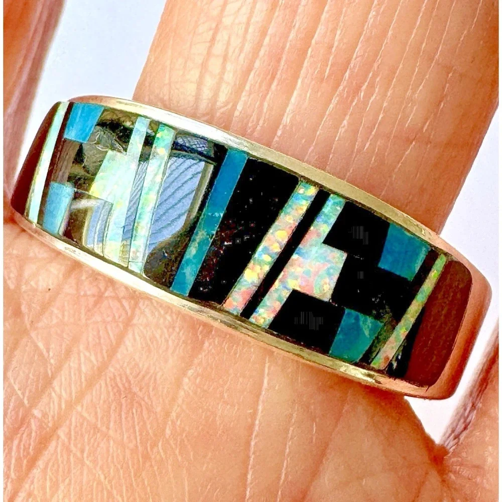 Navajo Inlay Wedding Band Mens Sz 12.5 Ring Turquoise Opal 9mm Signed AT